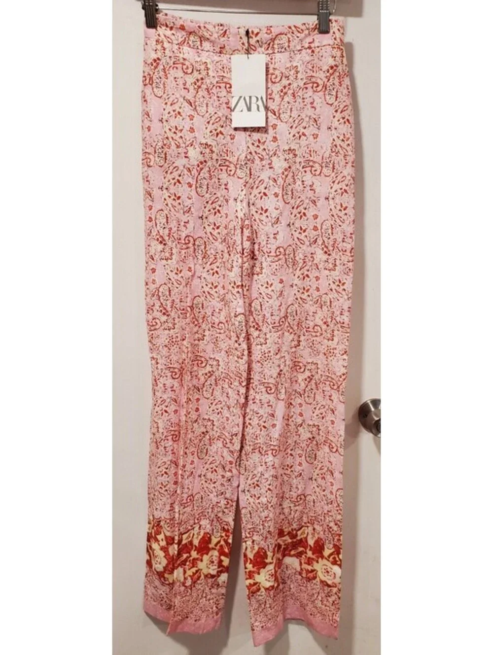 ZARA XS Pink Floral Paisley Linen Palazzo Pants Wide Straight Leg